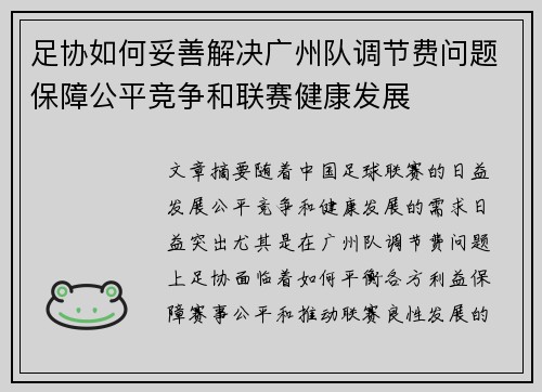 足协如何妥善解决广州队调节费问题保障公平竞争和联赛健康发展