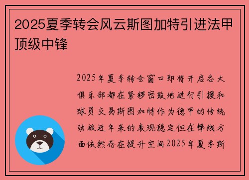 2025夏季转会风云斯图加特引进法甲顶级中锋